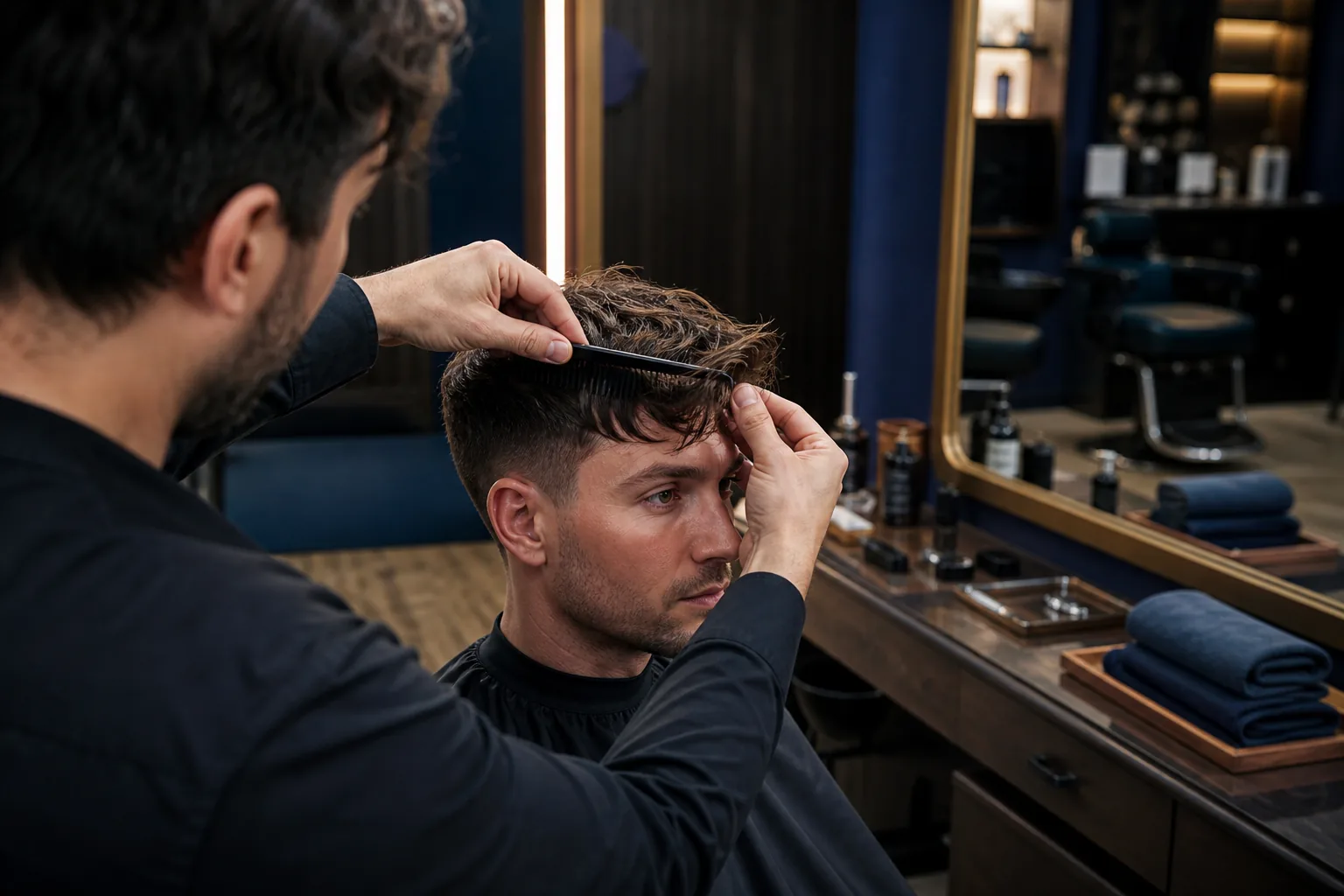 Barber showing a man with a high forehead how a textured fringe balances his facial proportions in the mirror