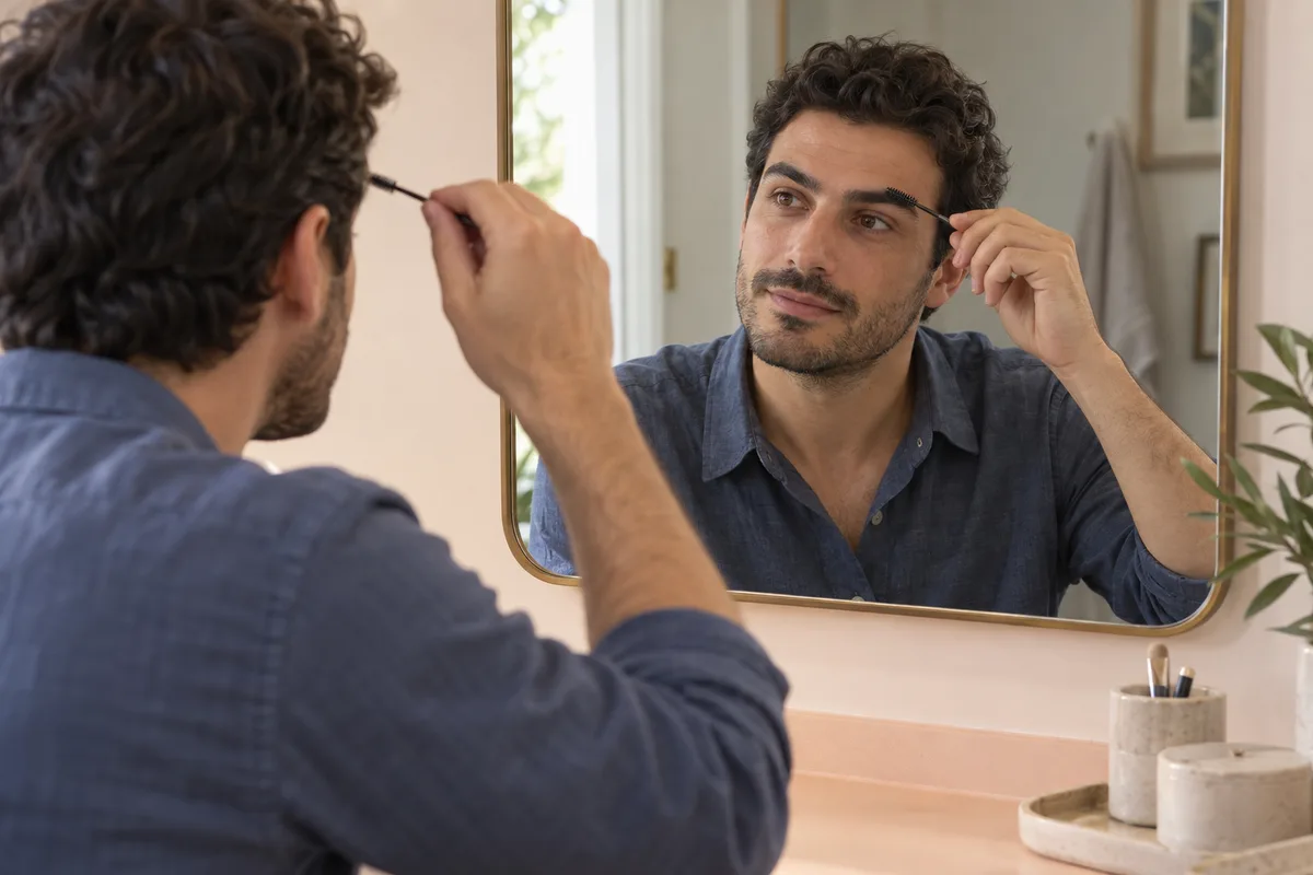 Adult man in a blue shirt gently guides an eyebrow with a small spoolie while looking into a real mirror