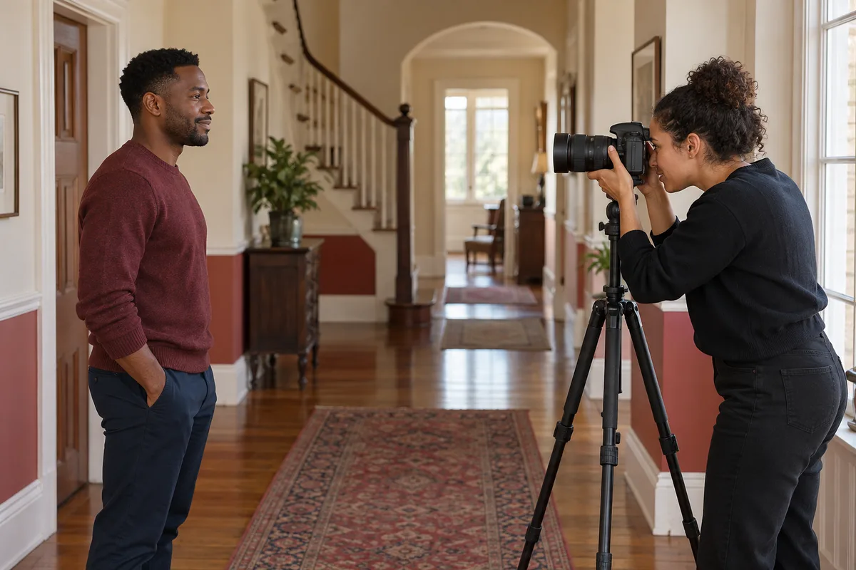 Adult man in burgundy stands across a hallway from an adult photographer using an eye-height camera on a tripod
