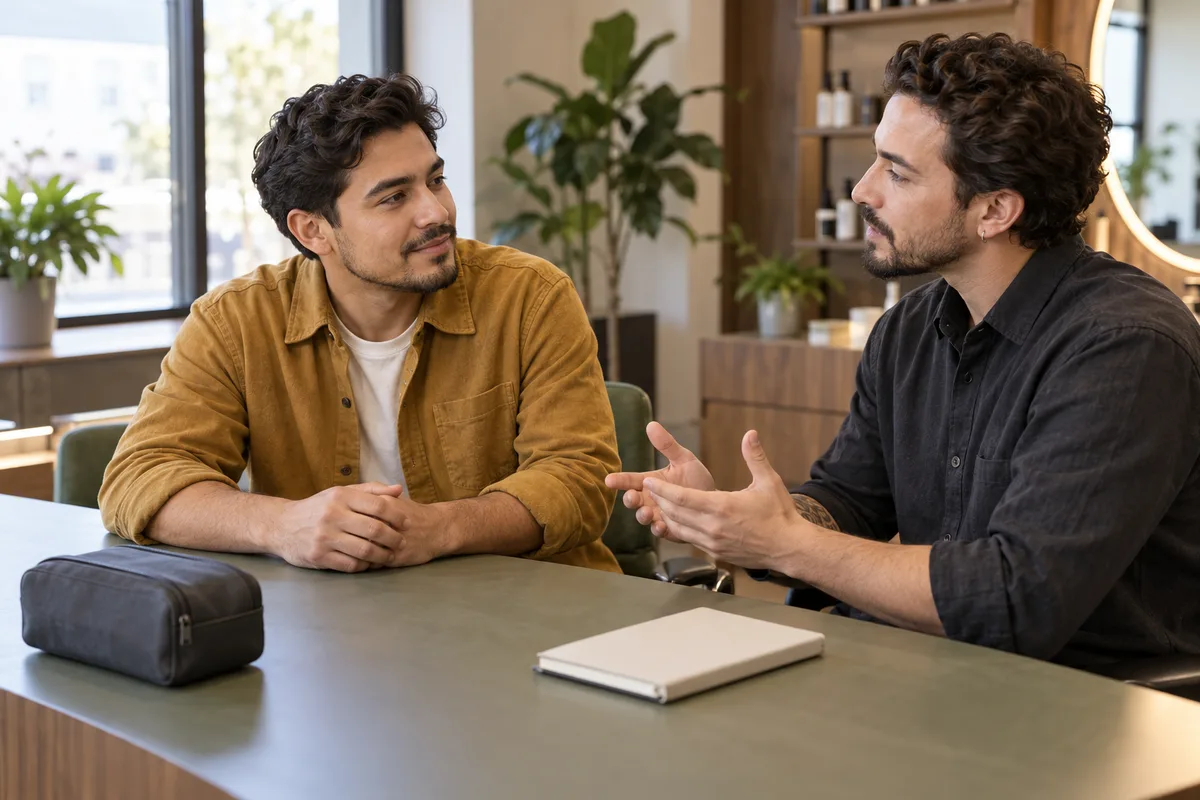 Two adult men discuss grooming at a consultation table with a closed notebook and a plain pouch