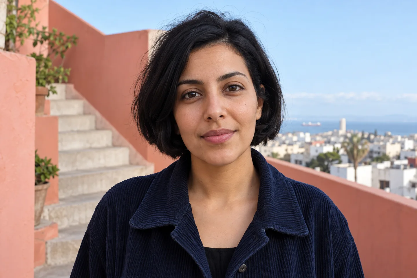 Adult woman with a short black bob and natural eyebrows faces the camera beside coral outdoor stairs