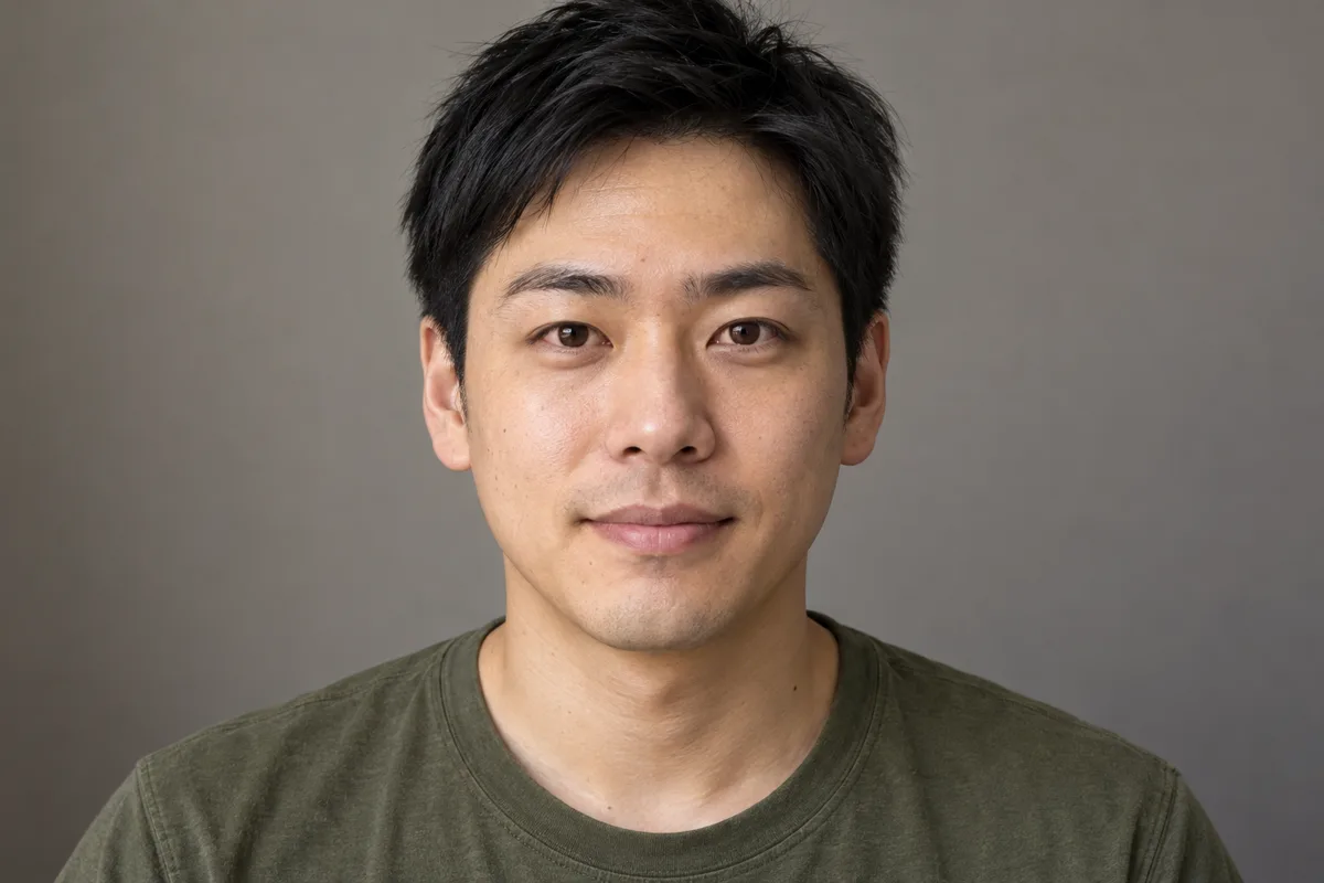 Adult man in an olive shirt looks straight ahead, with the whole face and both natural eyebrows visible