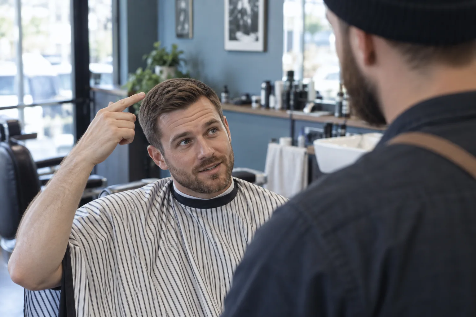 Adult client points to the top of his short hair while discussing length with a barber