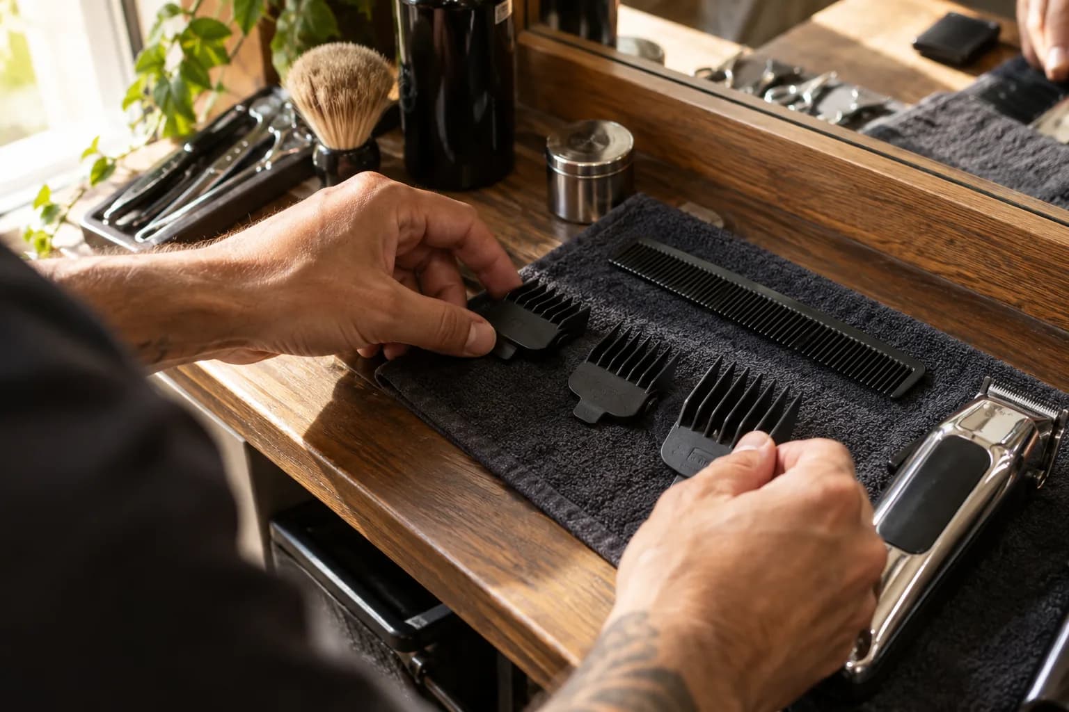 Barber compares several unbranded clipper guards of different lengths on a workbench