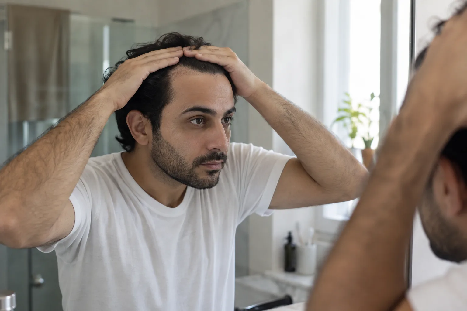 Adult man gently pulls his hair back at a mirror to see his natural hairline