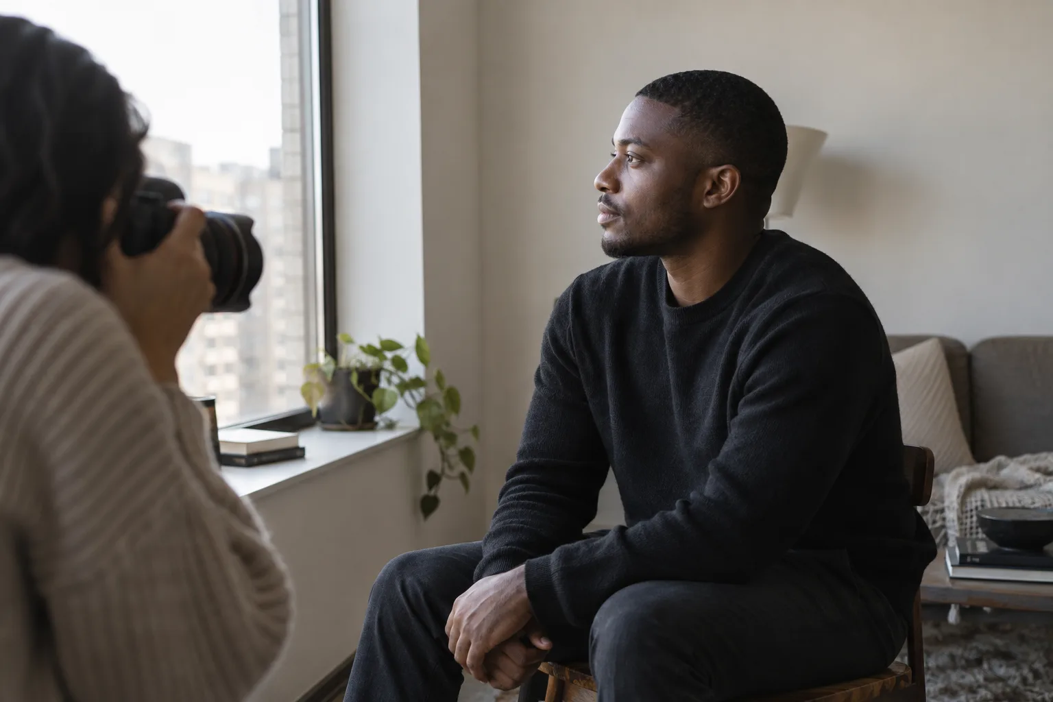 Adult man with short hair sits for a natural side-profile photograph beside a window
