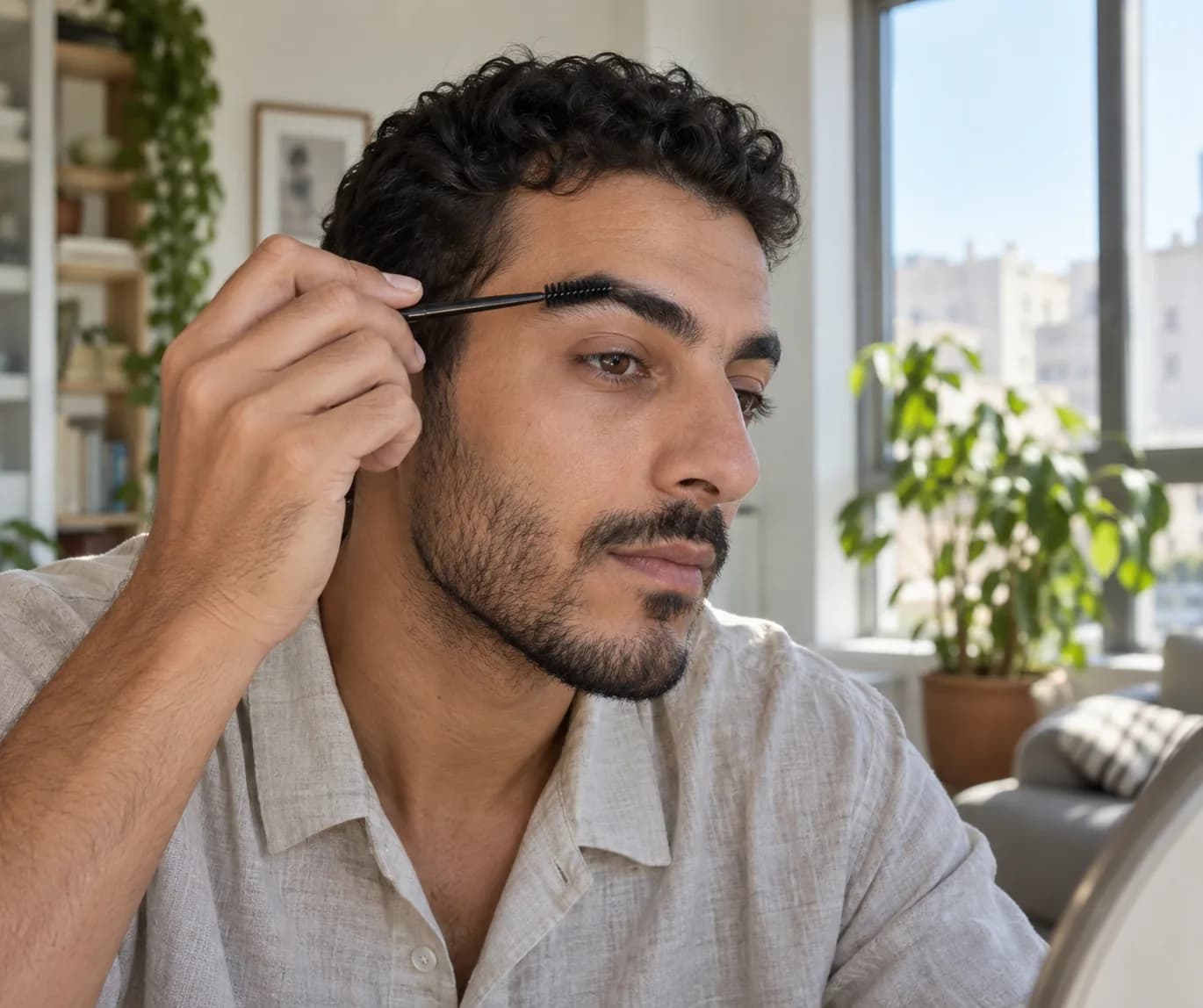 Adult man gently brushes his natural eyebrow beside a bright apartment window