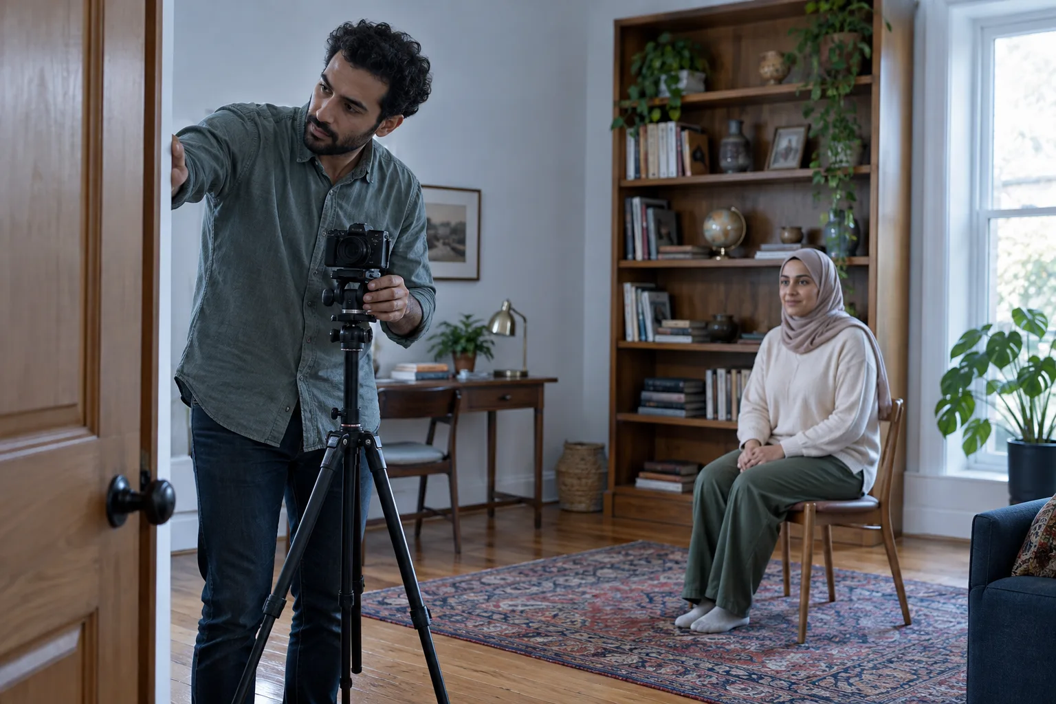 Adult photographer checks a level doorway beside a camera while an adult subject waits for a portrait