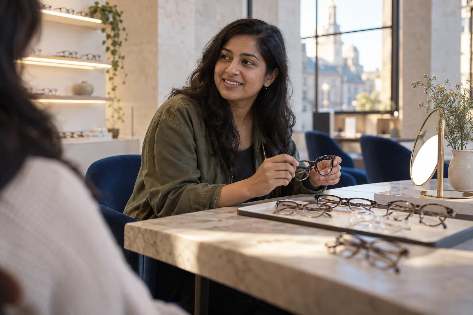 Adult woman considers plain eyeglass frames in a sunlit optical atelier