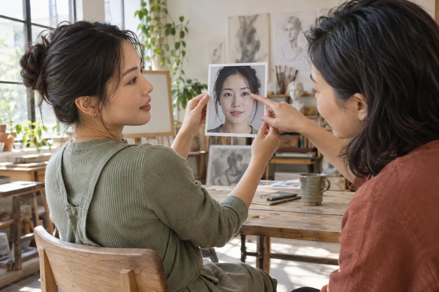 Two adult friends examine the eye-corner area on an unmarked natural portrait print