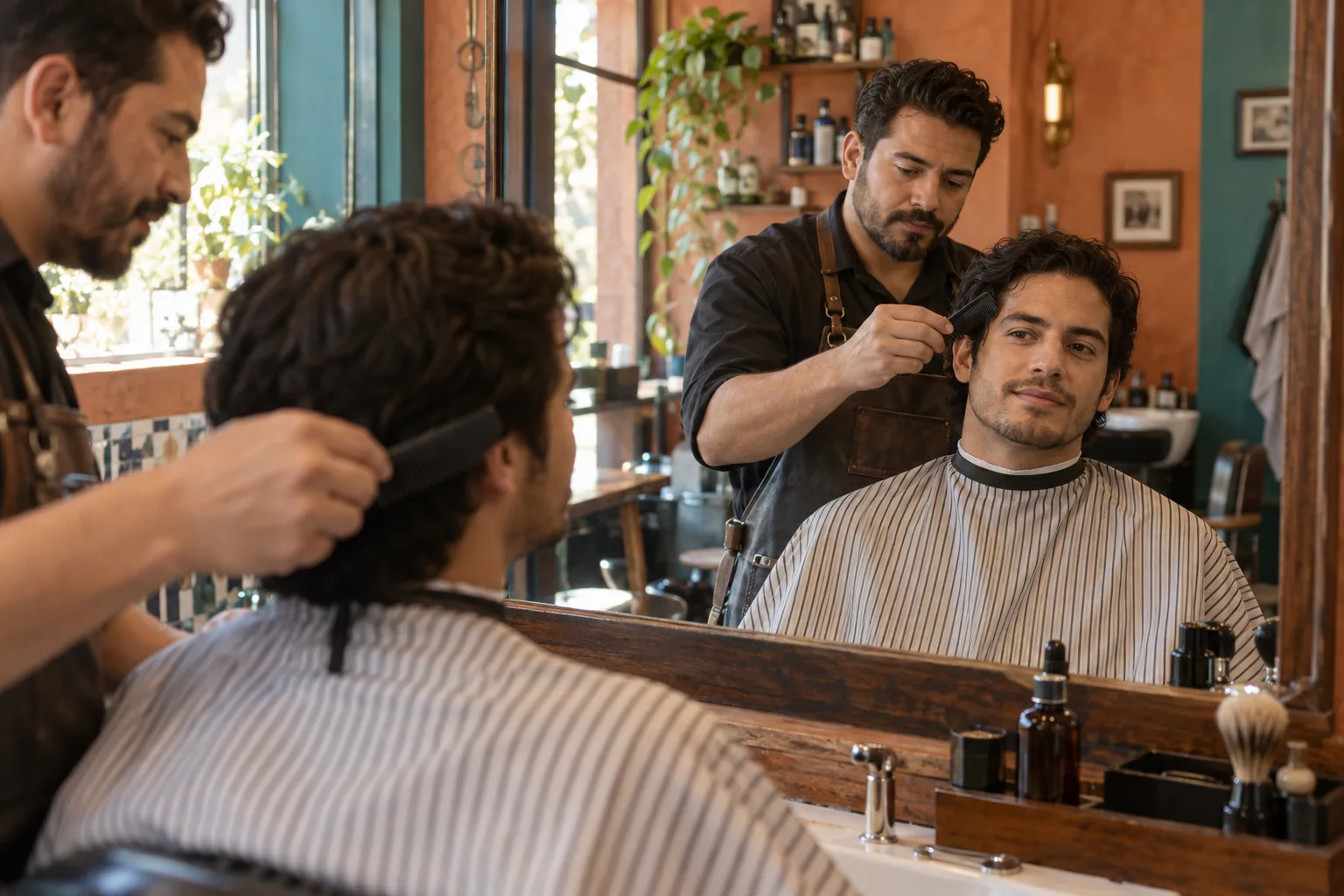 Coiffeur dégageant doucement les cheveux latéraux d'un homme adulte avec un peigne simple sans les couper