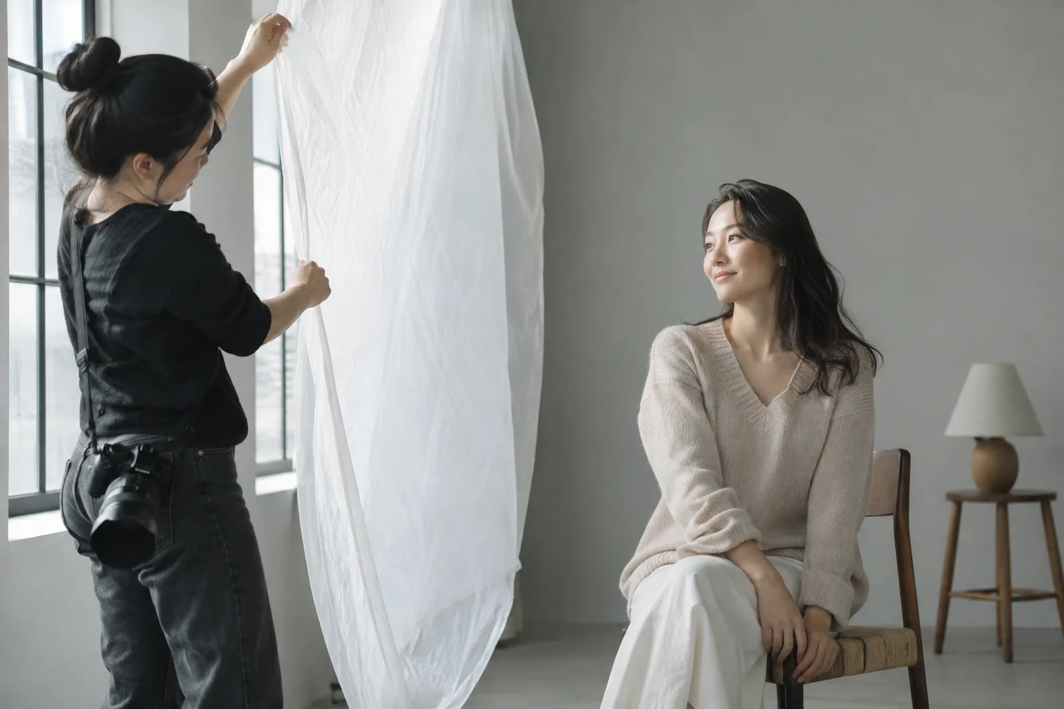 Photographe tenant un tissu diffusant devant une fenêtre pour éclairer doucement le portrait d'une femme adulte
