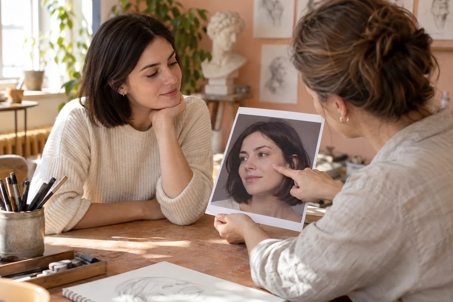 Femme adulte et professeure de dessin observant le haut des joues sur un portrait imprimé sans annotations
