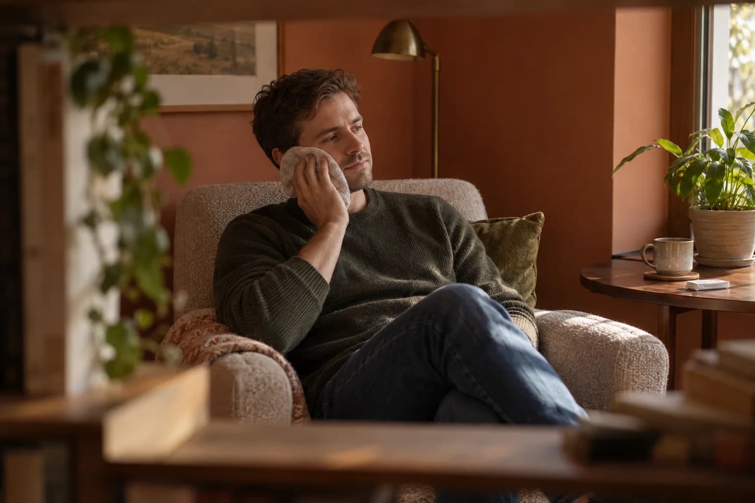 Volwassen man houdt rustig een warme opgevouwen doek tegen zijn kaak in een leesstoel