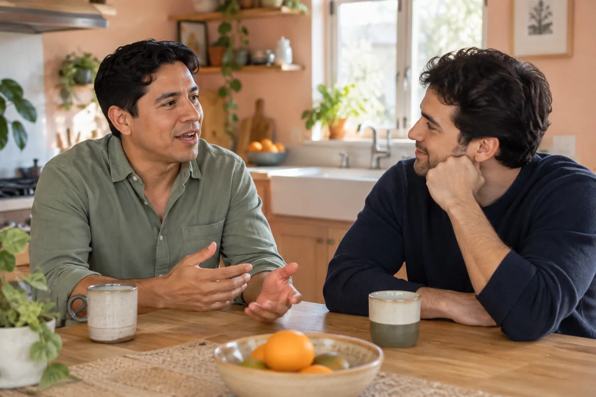 Hombre adulto con camisa verde salvia conversa con una amiga en una cocina color melocotón, con la boca en movimiento natural