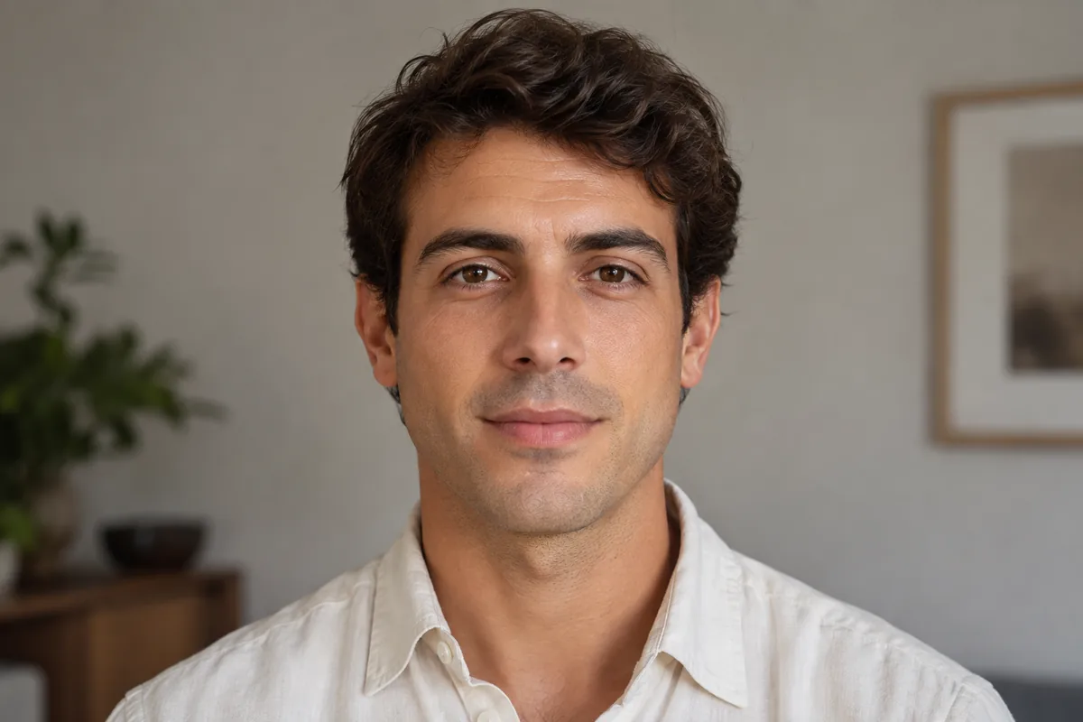 Hombre adulto con barba muy corta mira de frente con la boca relajada y el mentón completo visible sobre un fondo gris cálido