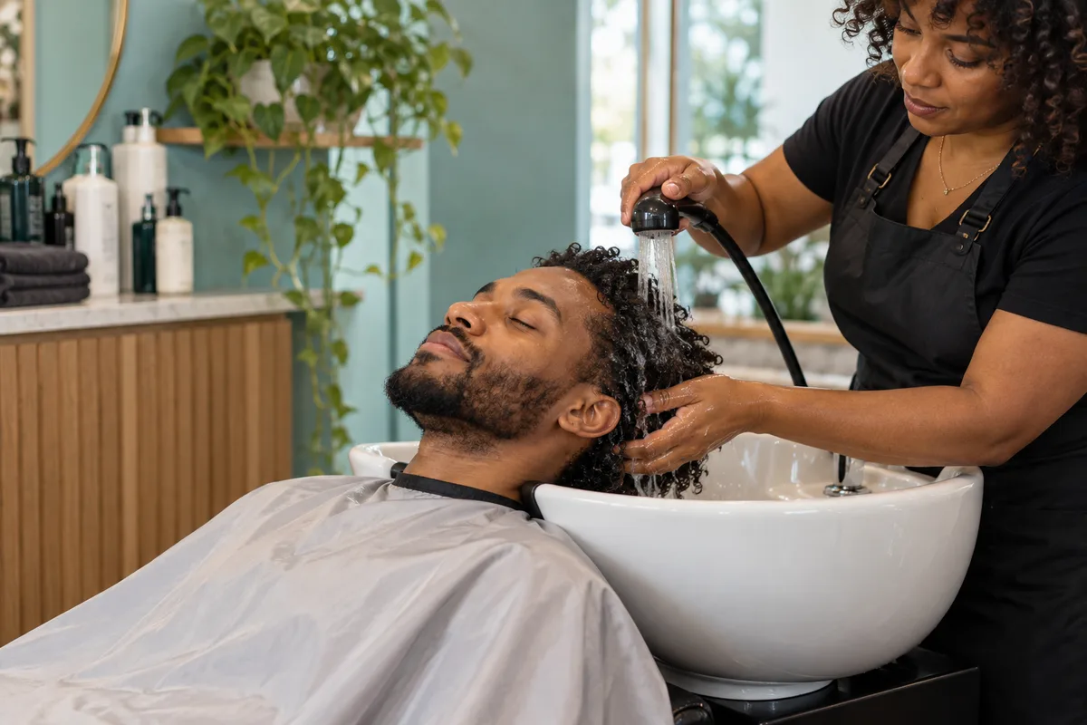 Homem adulto de cachos naturais descansa em um lavatório branco enquanto um cabeleireiro adulto enxágua o cabelo para dentro da cuba