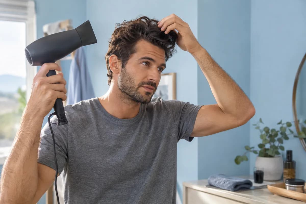 Adult man guides his wavy front hair loosely with fingers while holding a blow dryer away from his head in a blue dressing area