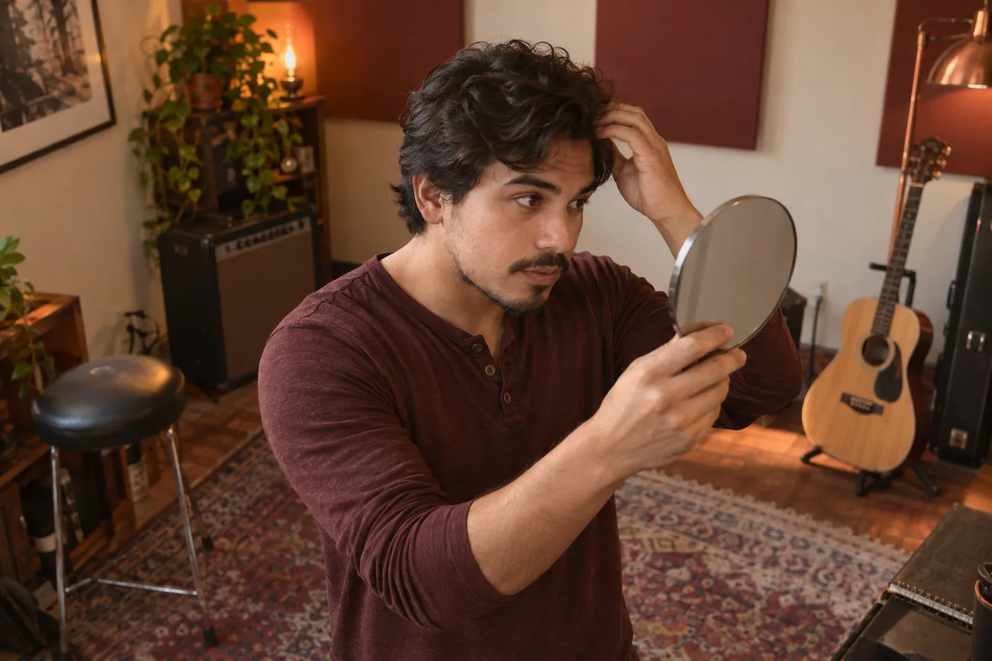 Homme adulte aux cheveux foncés ondulés observant une mèche frontale relevée dans un miroir à main, dans une salle de musique crème et cuivre