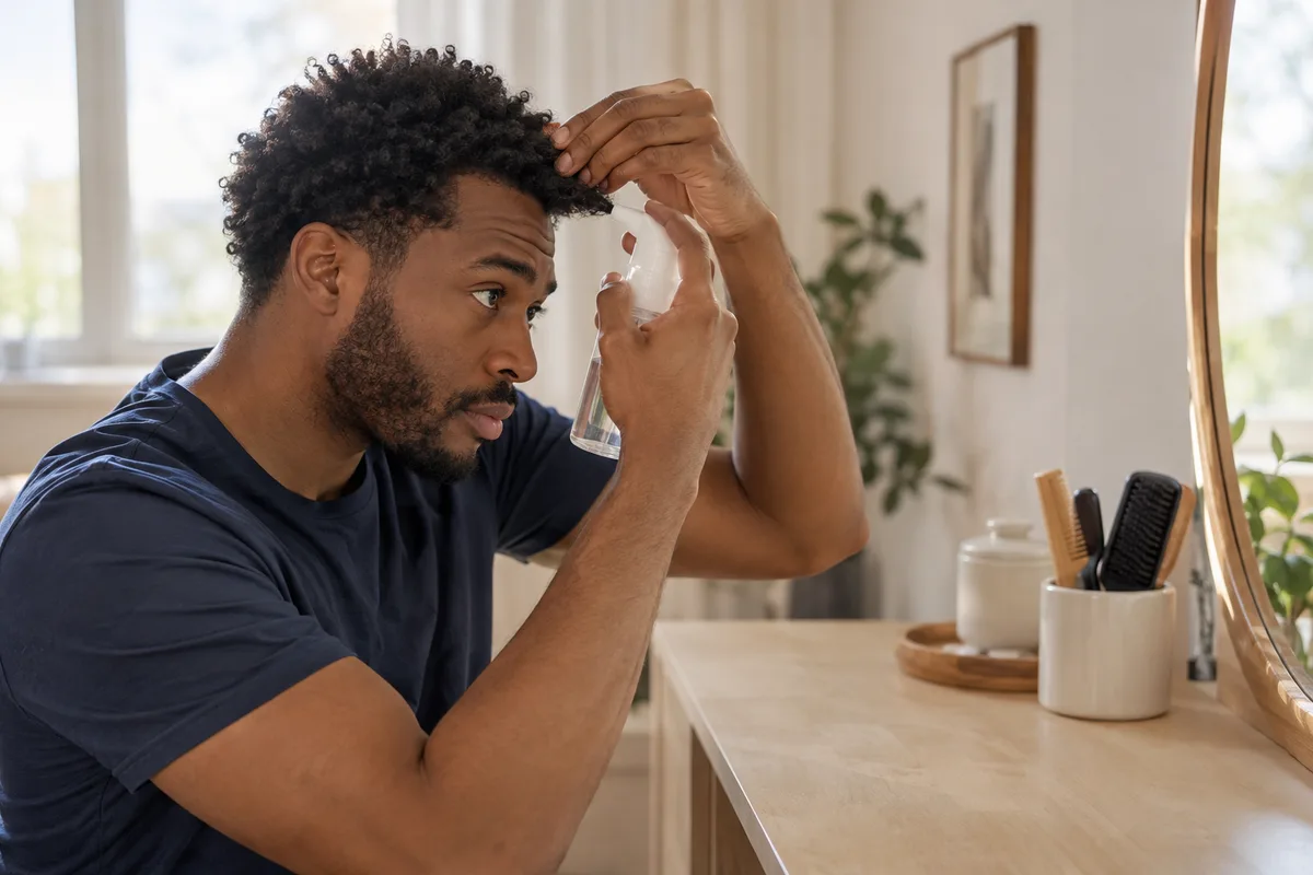 Adult man with short loose curls moistens a front section using his fingers and a plain spray bottle at a peach dressing table