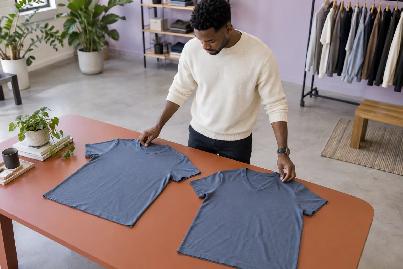 Adult man compares plain crew-neck and V-neck shirts on a table in a bright garment showroom
