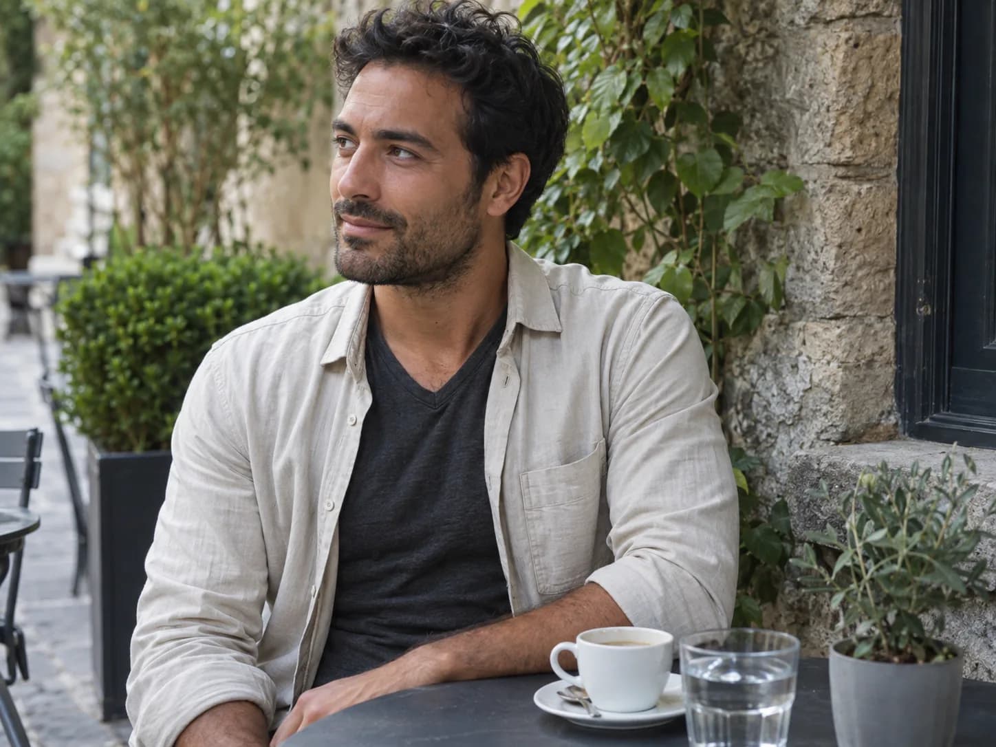 Adult man wears a shallow V-neck tee under an open overshirt at an outdoor cafe
