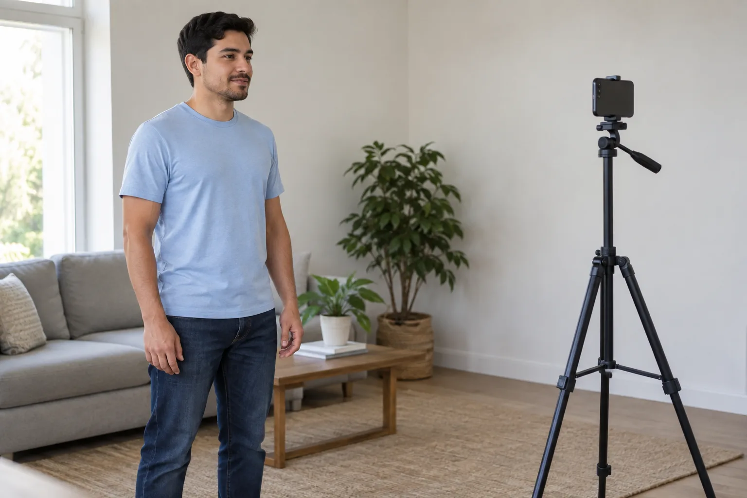 Adult man in a plain shirt stands at a comfortable distance from an eye-level phone on a tripod