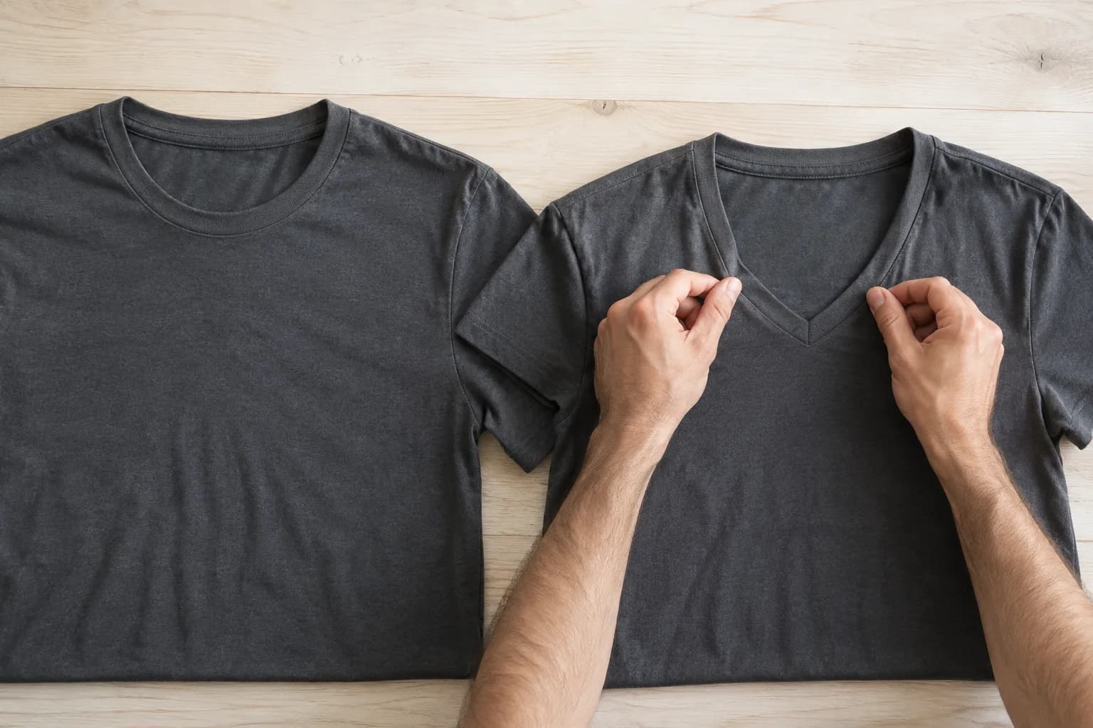Adult hands flatten two charcoal shirts with round and shallow V-shaped neck openings