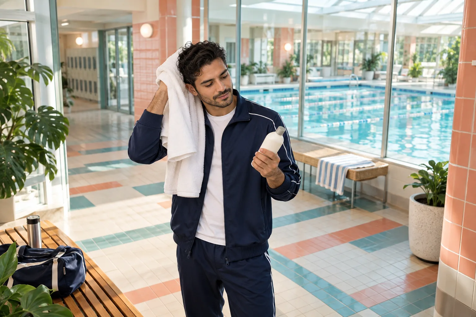Erwachsener Mann trocknet kurzes gewelltes Haar am Pool und betrachtet eine neutrale Shampooflasche