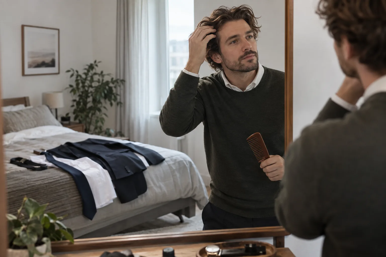 Erwachsener Mann prüft morgens vor der Arbeit Ansatz und trockene Spitzen mit einem groben Kamm