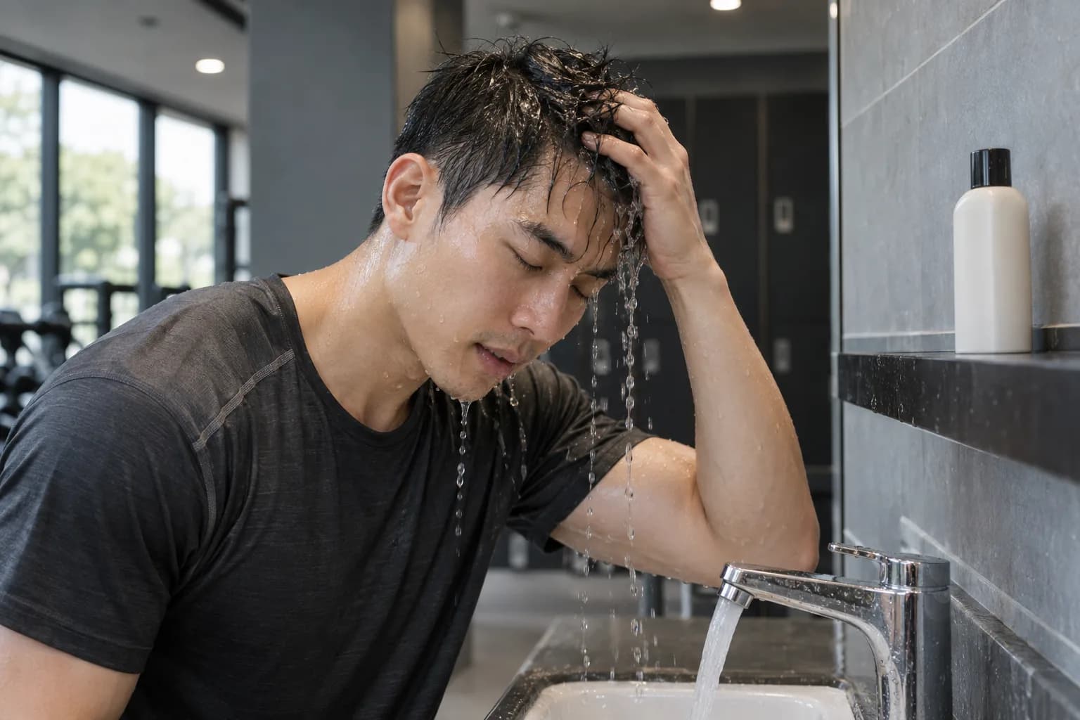 Erwachsener Läufer spült an einem Waschbecken im Fitnessstudio Schweiß aus kurzem Haar