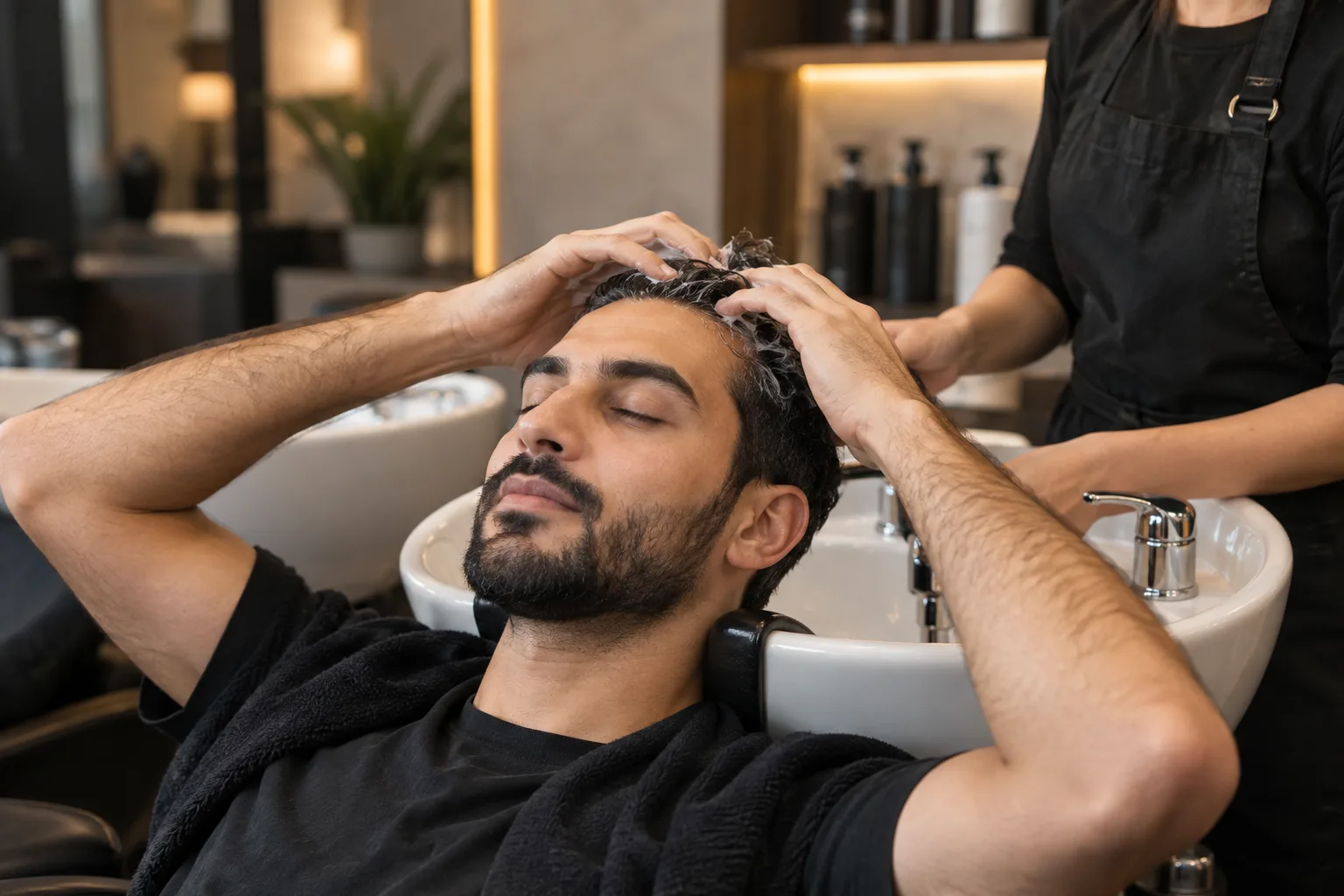 Erwachsener Mann zeigt an einem professionellen Waschplatz eine sanfte Shampoo Massage mit den Fingerkuppen