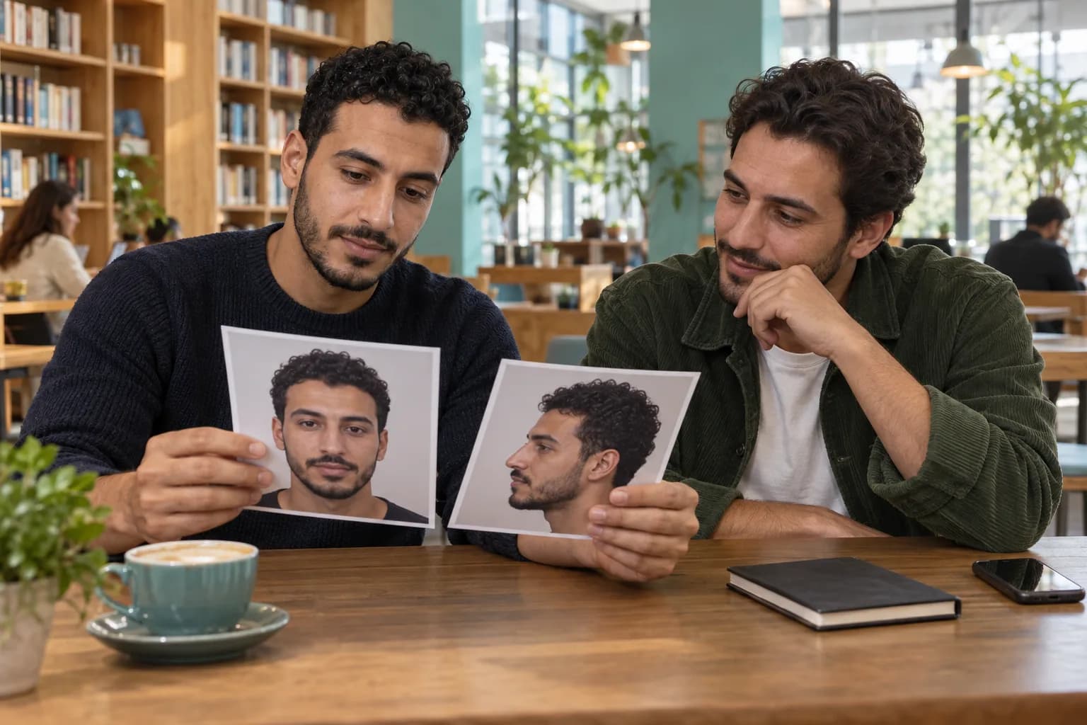To voksne venner vurderer naturlige portretter forfra og fra siden ved et kafébord