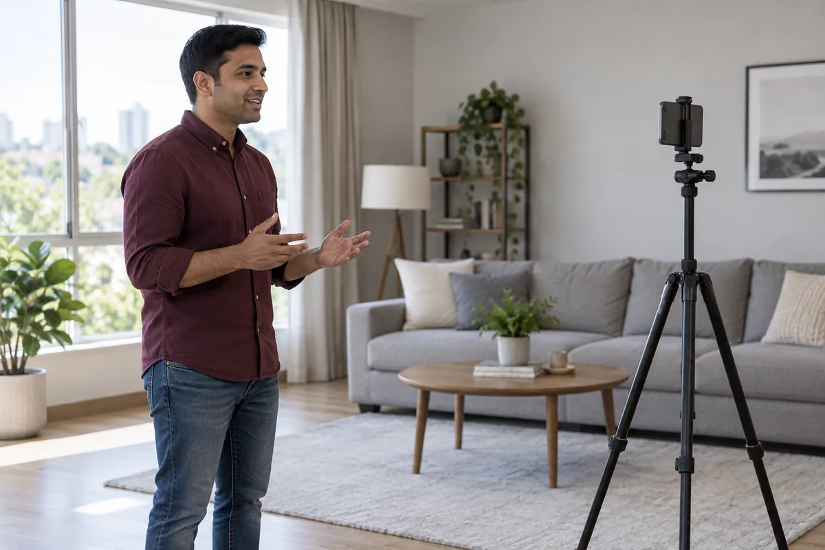 Adult man in a burgundy shirt faces a phone on a tripod from several steps away in a light grey room