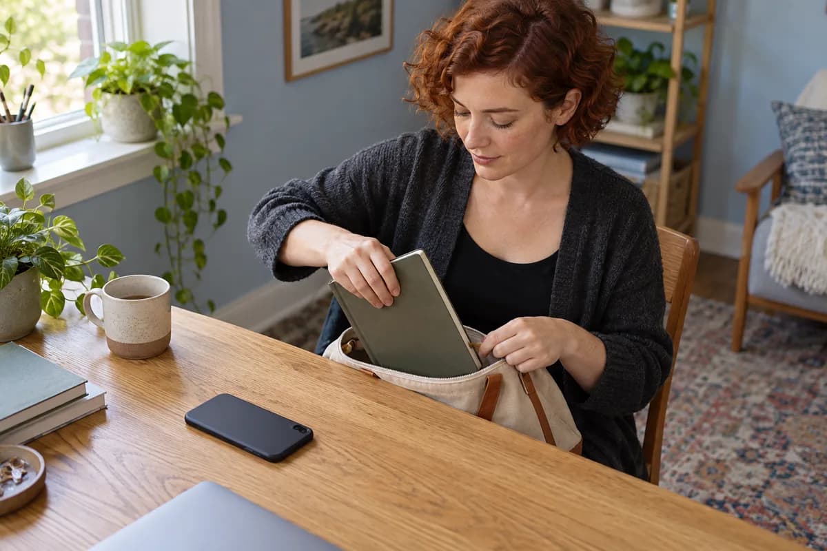 Adult woman with short auburn curls puts a blank notebook into a canvas bag beside a face-down phone at an oak desk