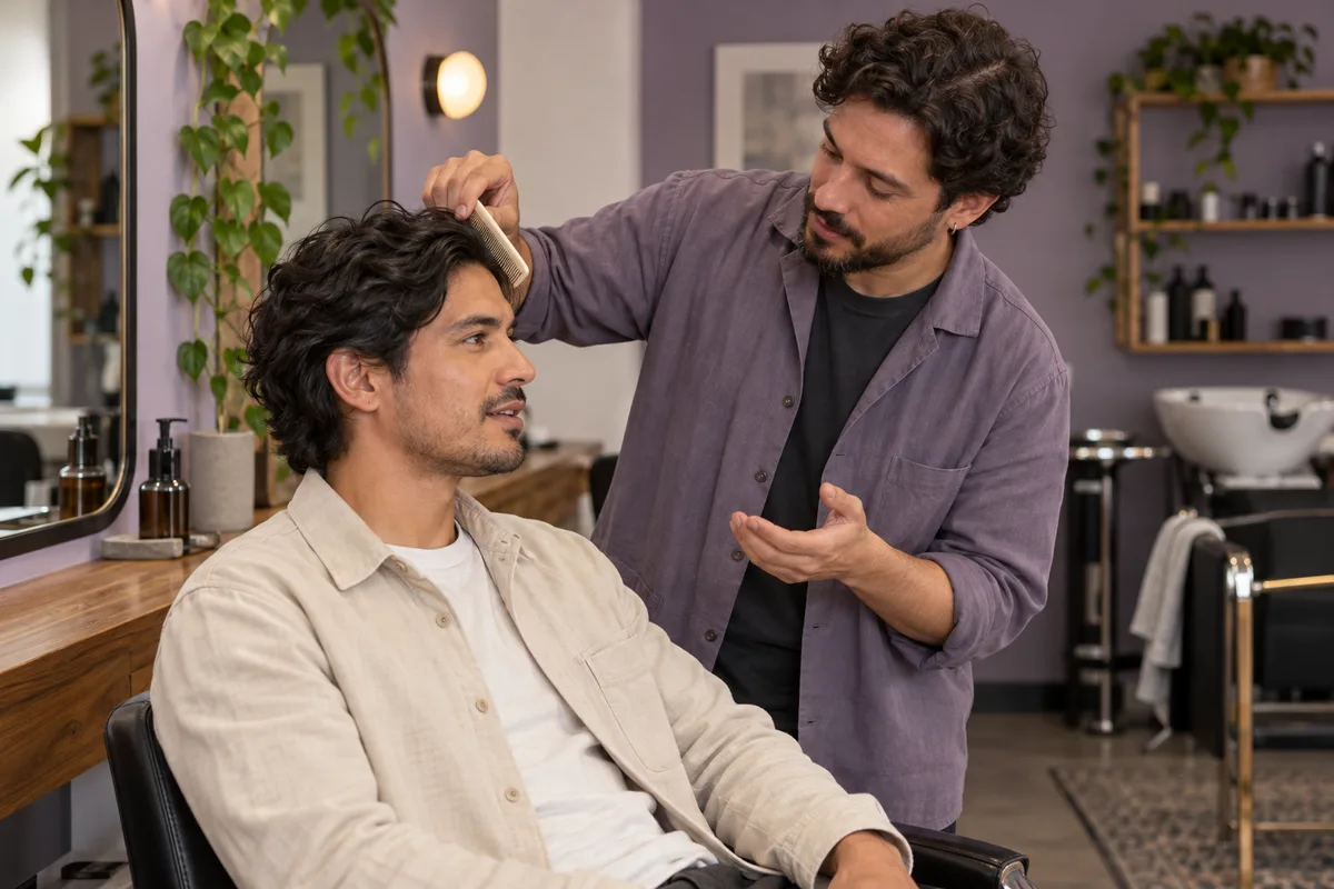 Adult barber uses a plain comb to lift side hair beside an adult client's visible ear in a lavender salon