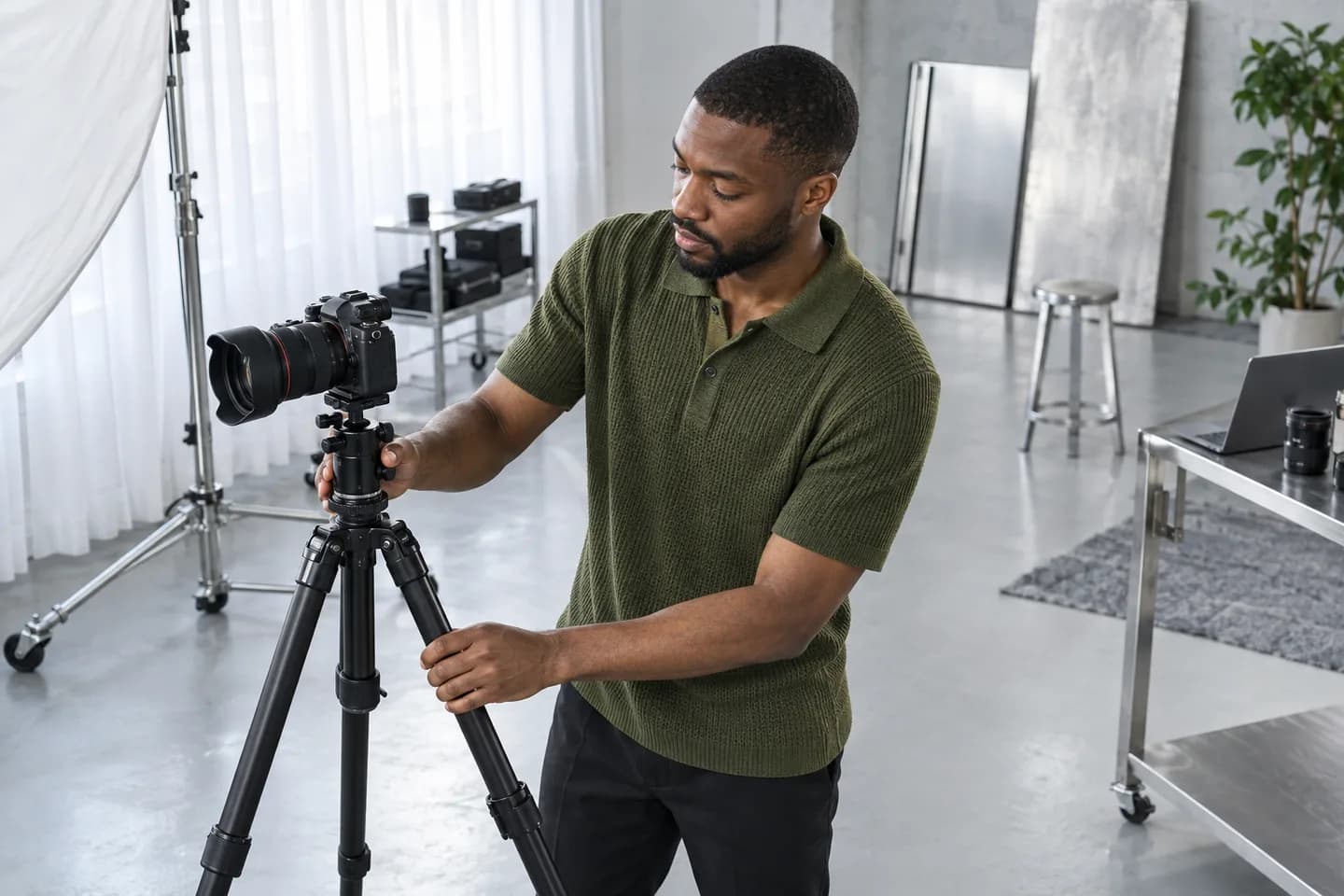 Adult man in a moss green polo adjusts a tripod in a silver photography studio, with short hair leaving his ears visible