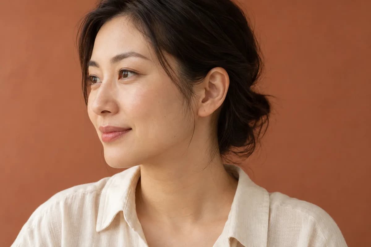 Adult woman with tied-back dark hair in a cream shirt shows a natural outer ear and lobe in a softly lit side portrait