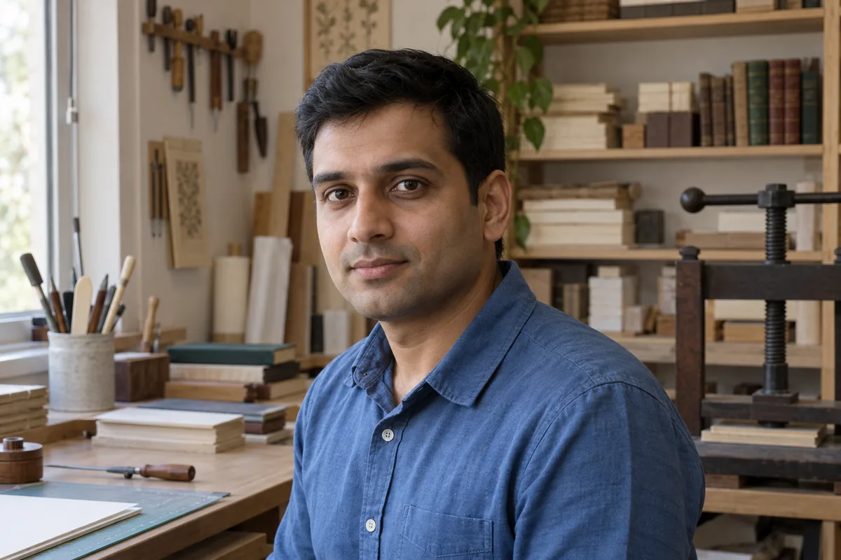 Adult man with short dark hair and a blue shirt appears in a relaxed three-quarter portrait under diffuse light in a beige bookbinding workshop