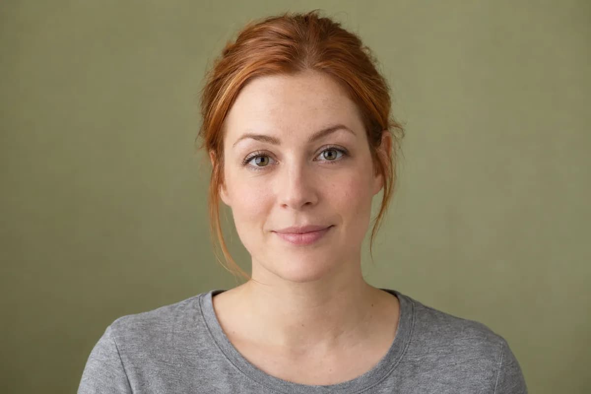 Adult woman with tied-back copper hair looks straight ahead with relaxed brows and natural upper-lid folds in an olive portrait room