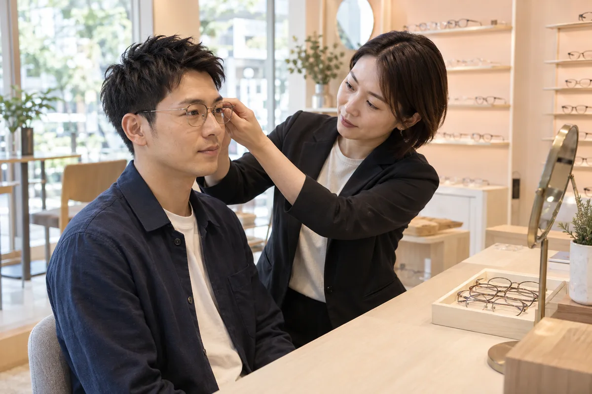 Adult man in a navy overshirt tries thin eyeglass frames while an adult optician checks their temple fit at a peach and wood counter