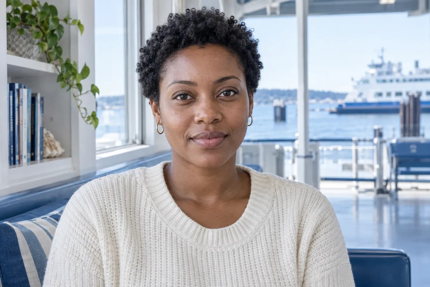Adult woman with short natural hair and a cream sweater faces the camera in a blue and white ferry-terminal reading alcove