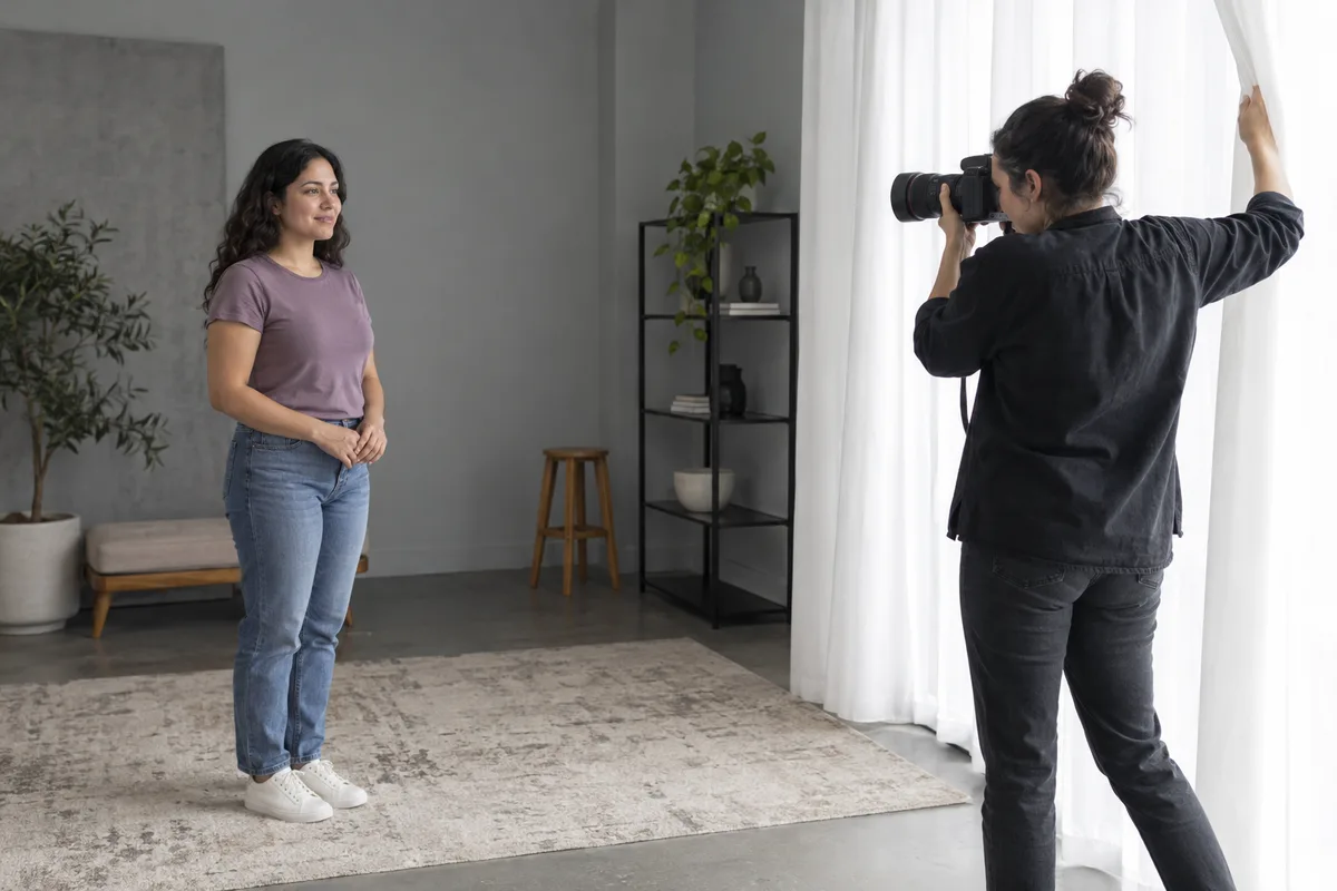 Adult photographer adjusts a broad white curtain while an adult woman stands several steps from an eye-height camera in a grey portrait room