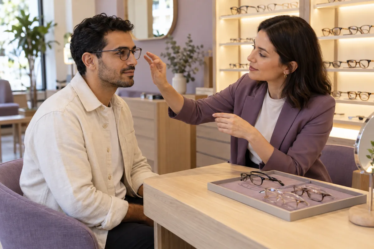 Erwachsener Mann mit dünner dunkler Brille spricht an einer fliederfarbenen Holztheke mit einer Optikerin