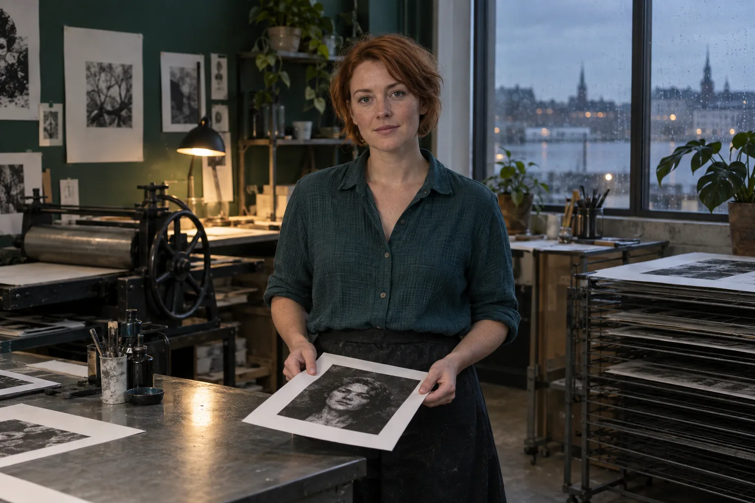 Voksen kvinde med kort kobberrødt hår holder et umarkeret portræt i en kunstskoles trykværksted