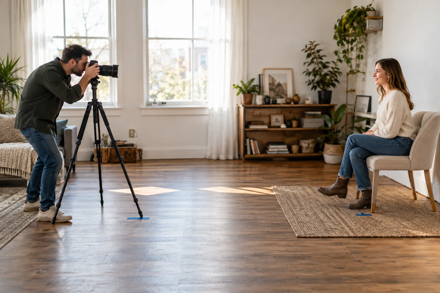 Adult photographer takes an eye-level portrait of an adult woman from several steps away
