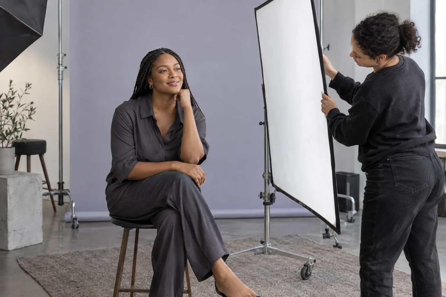 Adult woman sits calmly as an assistant adjusts a large light diffuser beside her