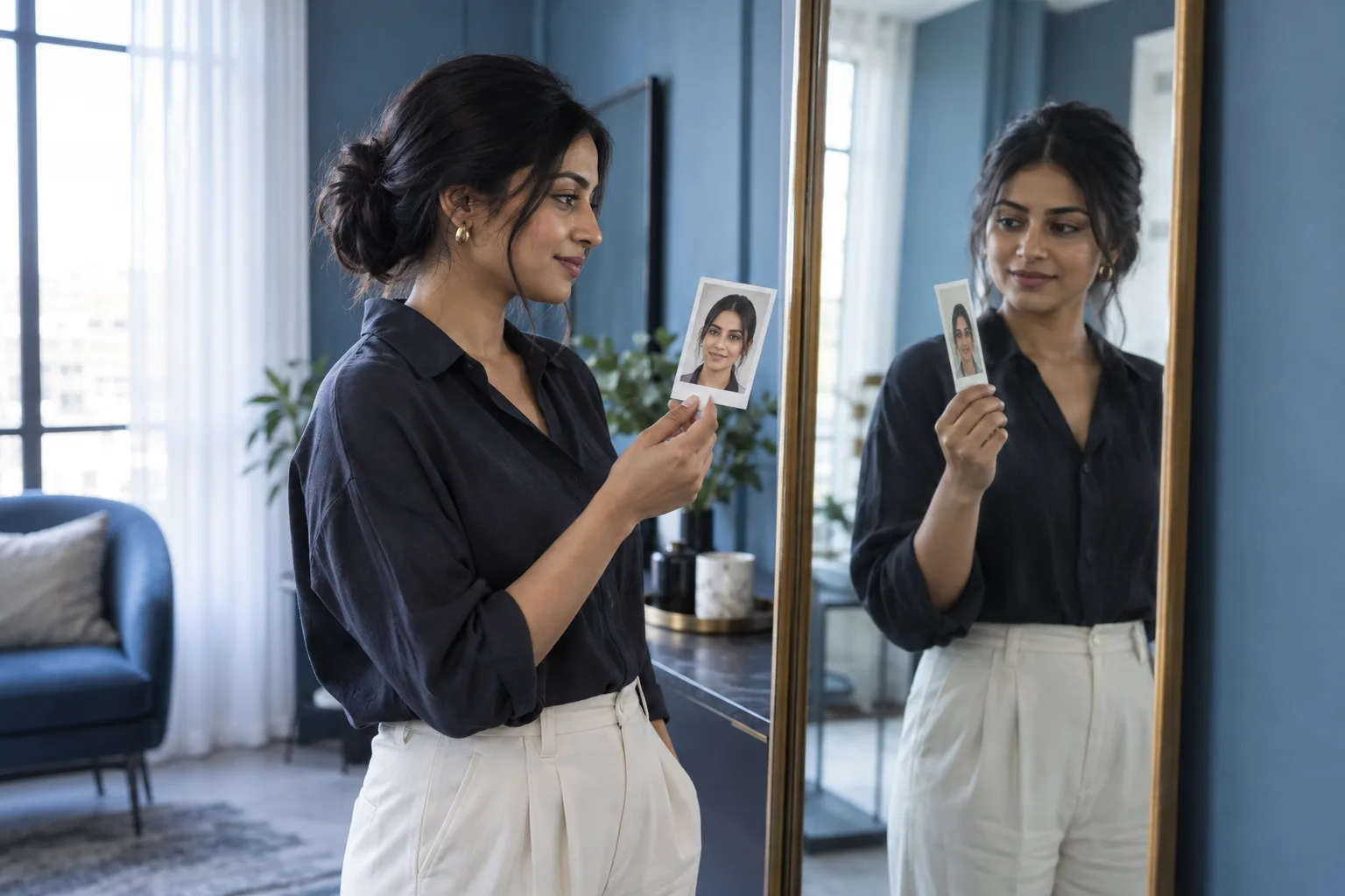 Adult woman compares her portrait print with her reflection in a cool blue studio