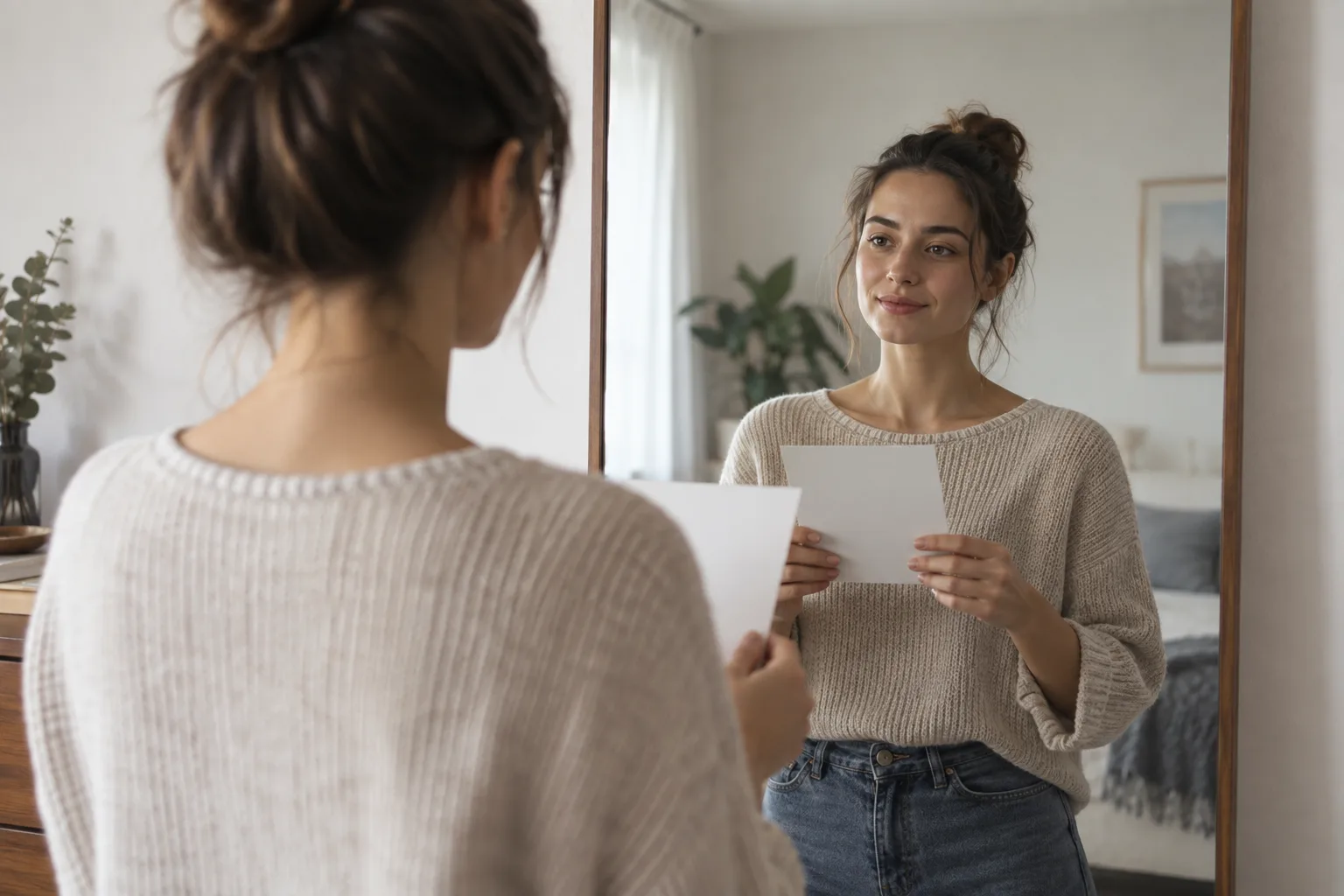 Adult woman looks between a plain portrait print and her reflection in a home mirror