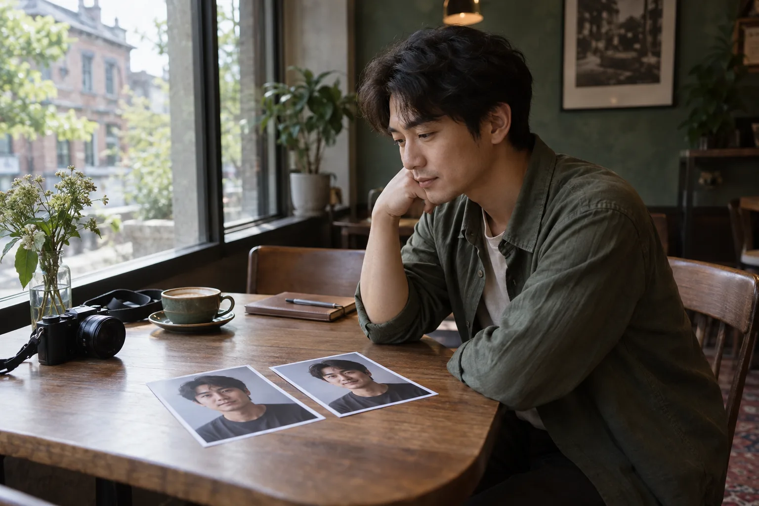 Adult man reviews two natural portraits of himself at normal viewing distance in a cafe